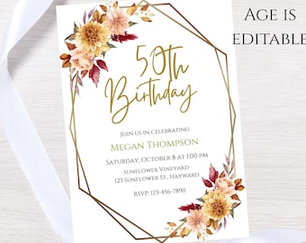 Fall floral Birthday invitation-fall theme party invite-any age invite-instant download