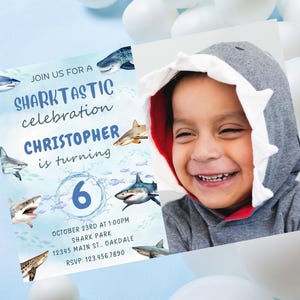 Editable Shark birthday photo invitation-shark party invite-Instant Download
