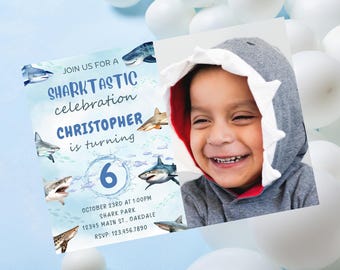Editable Shark birthday photo invitation-shark party invite-Instant Download