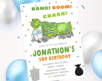 Editable garbage truck birthday invitation-instant download