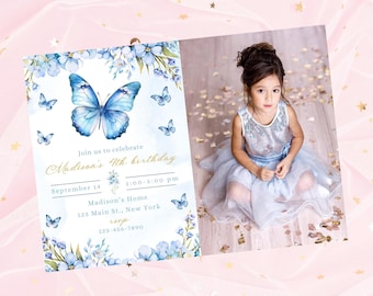 Editable butterfly birthday photo invitation-butterfly theme-blue girl invite
