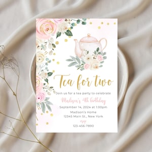 Tea party birthday invitation-teapot birthday party-tea for two invite