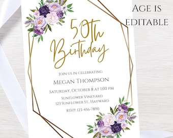 Purple flower Birthday invitation-lavender flower party invite-any age invite-instant download