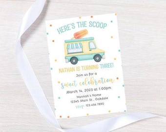 May include: A colourful invitation for a birthday party with a cartoon ice cream van and the text "Here's the scoop Nathan is turning three! Join us for a sweet celebration. March 14, 2023 at 1:00pm Hannah's Home 12345 Main St., Oakdale RSVP: 123.456.7890"