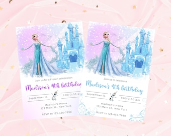 May include: Two Frozen themed birthday party invitations with a blue and purple background. The invitations feature a cartoon image of Elsa from Frozen standing in front of a blue ice castle. The text on the invitations reads "Join us for a Frozen celebration" and "Madison's 4th birthday". The invitations also include the date, time, and location of the party.