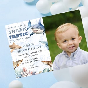 Editable Shark birthday photo invitation-shark party invite-Instant Download
