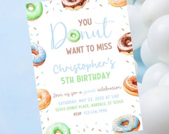 May include: A birthday invitation with a donut theme. The invitation features watercolor illustrations of donuts in various colours. Text includes "You Donut Want to Miss" and details for Christopher's 5th birthday celebration.