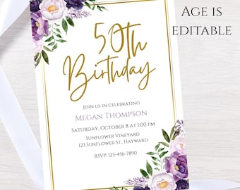 Purple flower Birthday invitation-lavender flower party invite-any age invite-instant download