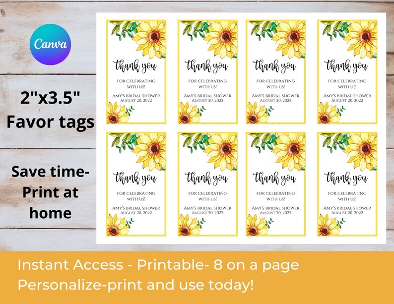 Sunflower Bridal Shower Favor Tagssunflower Gift Tag Templateeditable