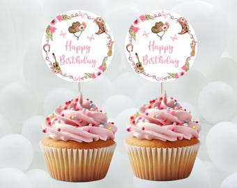 Cowgirl theme cupcake topper-cake topper-pink rodeo party decor-instant download
