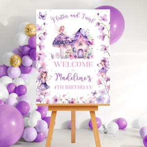 Letrero de bienvenida de cumpleaños editable con diseño de hada morada - Descarga instantánea
