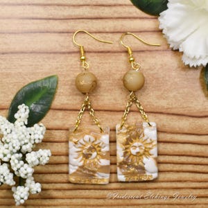 Handmade &quot;The Sun&quot; Tarot Card Gold Marble Effect Polymer Clay Earrings