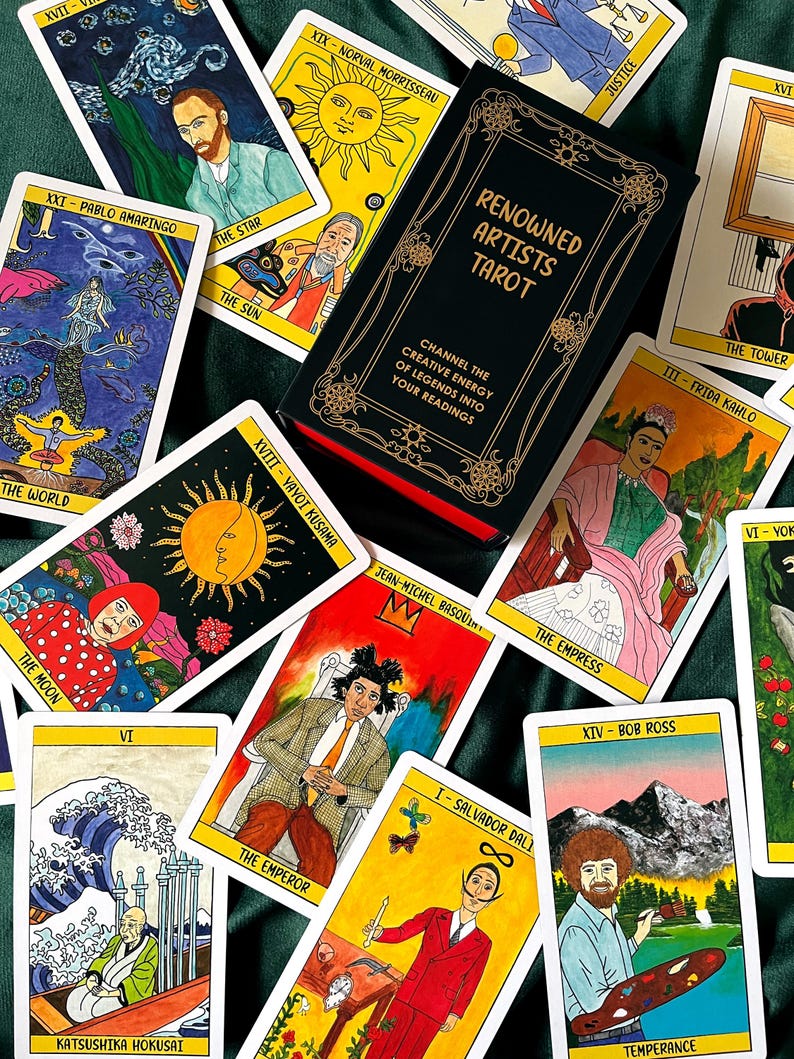 May include: A tarot deck with the title "Renowned Artists Tarot" and the text "Channel the creative energy of legends into your readings." The cards feature illustrations of famous artists like Frida Kahlo and Bob Ross.