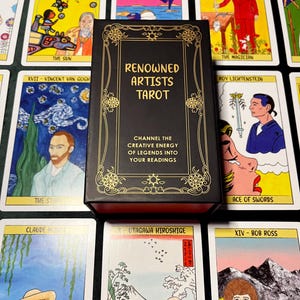 May include: A tarot card deck titled "Renowned Artists Tarot" with a black box featuring gold lettering and decorative elements. The deck includes cards with artwork inspired by famous artists like Van Gogh and Bob Ross. The text on the box reads "Channel the creative energy of legends into your readings."