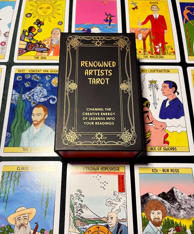 May include: A tarot card deck titled "Renowned Artists Tarot" with a black box featuring gold lettering and decorative elements. The deck includes cards with artwork inspired by famous artists like Van Gogh and Bob Ross. The text on the box reads "Channel the creative energy of legends into your readings."