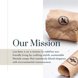 Może przedstawiać: Brązowe paczki owinięte papierem z okrągłym logo przedstawiającym pszczołę i napisem "Lou-bees". Tekst "Our Mission" jest wyświetlany ciemnozieloną czcionką. Widoczne jest r&oacute;wnież oświadczenie o misji.