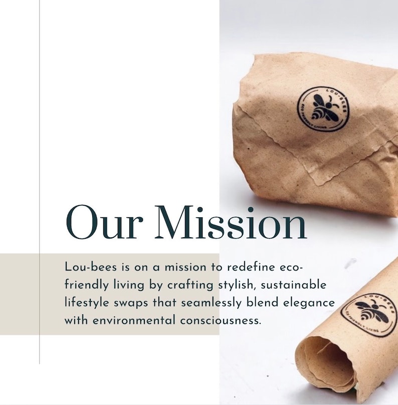 Może przedstawiać: Brązowe paczki owinięte papierem z okrągłym logo przedstawiającym pszczołę i napisem "Lou-bees". Tekst "Our Mission" jest wyświetlany ciemnozieloną czcionką. Widoczne jest r&oacute;wnież oświadczenie o misji.