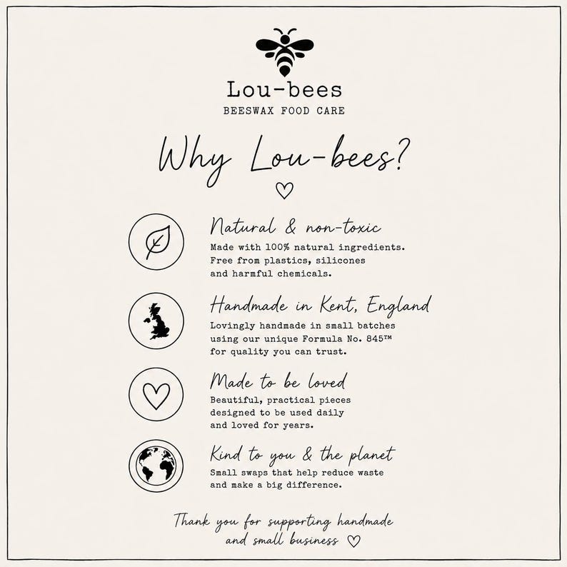 May include: An informational graphic for Lou-bees Beeswax Food Care. The text reads: Why Lou-bees? Natural & non-toxic, Handmade in Kent, England, Made to be loved, Kind to you & the planet. Includes icons of a bee, leaf, map, heart, and globe.