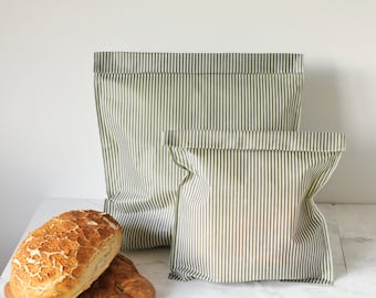 Olive Riviera Stripe Beeswax Bread Bag | Reusable Bread Storage Bag | Handmade Eco Kitchen Bag | Sourdough Keeper | 18x14 & 14x11