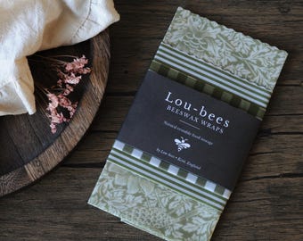 Handmade Beeswax Wraps | William Morris Strawberry Thief Green Set (3 Sizes)