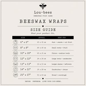 May include: A Lou-bees beeswax wraps size guide chart on a light background. The text includes: BEESWAX WRAPS, SIZE GUIDE, and a table listing sizes from 6" x 6" to 21" x 17" with corresponding metric conversions and suggested food storage uses.
