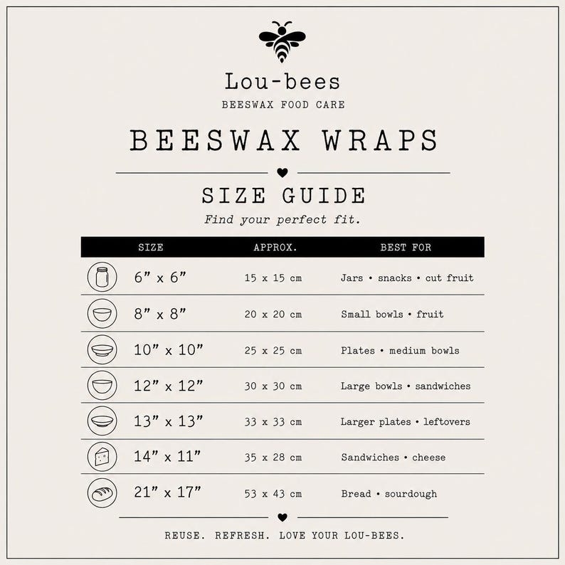 May include: A Lou-bees beeswax wraps size guide chart on a light background. The text includes: BEESWAX WRAPS, SIZE GUIDE, and a table listing sizes from 6" x 6" to 21" x 17" with corresponding metric conversions and suggested food storage uses.