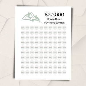 May include: A white savings tracker with a house graphic and the text "$20,000 House Down Payment Savings." It features circles labeled "$200" to track savings progress. The design is simple and clean.