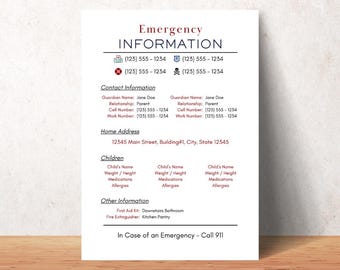 Babysitter Emergency Information Sheet: Fillable Child Safety PDF (Printable Digital Download