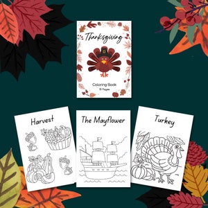 Puede incluir: Un libro para colorear de Acción de Gracias con 10 páginas. La portada presenta un pavo de dibujos animados con un sombrero de peregrino. El libro también incluye páginas para colorear de una escena de cosecha, el Mayflower y un pavo.