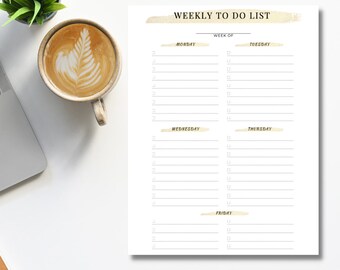Elegant White & Gold Weekly To-Do List (Digital Download)