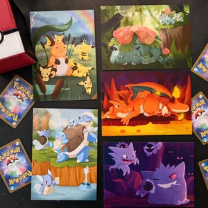 May include: Set of six illustrated Pokemon trading cards featuring various Pokemon characters. The cards are printed on white cardstock with a glossy finish. The cards feature a variety of Pokemon characters, including Pikachu, Charmander, Bulbasaur, Squirtle, and more.