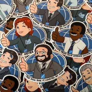 May include: A collection of colorful stickers featuring cartoon characters with speech bubbles. The stickers have various phrases, including "The work is mysterious", "Kids, what's for dinner?", "The egg bar is coveted as f*ck", and "Never sorry".