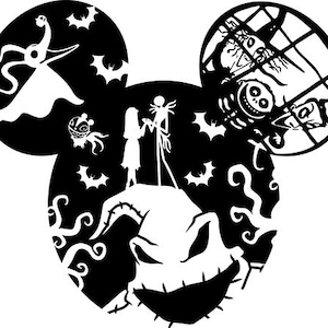 Puede incluir: Silueta en blanco y negro de las orejas de Mickey Mouse con personajes de Pesadilla Antes de Navidad. La oreja izquierda presenta a Jack Skellington, Sally y Zero el perro fantasma. La oreja derecha presenta a Oogie Boogie.