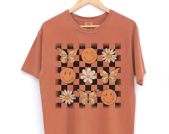 Checkerboard Shirt, Distorted Smile Face Tee, Y2K