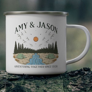 Custom Couples Enamel Camping Mug, Personalized Travel Mug Gift, Adventure Nature Campfire Mug