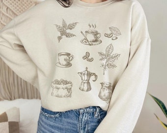 Coffee Sweatshirt Vintage Coffee Lover T-shirt Gift For Barista Coffee Sweatshirt Hand Drawn Aesthetic Espresso French Press Coffee Tshirt