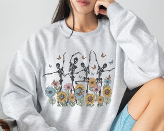 Skeletons Dancing In The Flowers Crewneck Sweatshirt, Cute Boho Hippie Crewneck