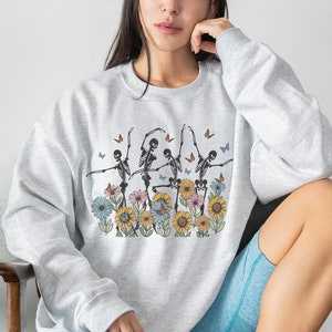 Skeletons Dancing In The Flowers Crewneck Sweatshirt, Cute Boho Hippie Crewneck