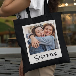 Vintage Photo Custom Black Tote Bag, Personalized Picture and Text Cotton Canvas Tote Bag