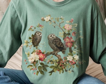 Cottagecore Owl Shirt | Vintage Owl And Blossoms Graphic Tee, Sweatshirt & Long Sleeve | Woodland Nature Aesthetic Top Gift for Owl Lovers