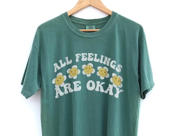 Alla känslor är okej T-shirt med grafisk design i komfortfärger, vintage-vibe, retro blommig inspirerande skjorta med mental hälsa