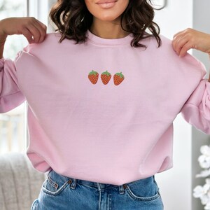 Strawberry Embroidered Sweatshirt Cute Minimalistic Embroidered Fruit Crewneck Strawberry Sweater