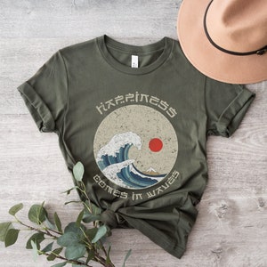 Happiness Comes In Waves Graphic Tee, Vintage Vibe Trendy Japanese Wave Shirt, Positivity Tee