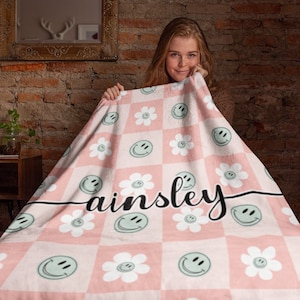 Custom Name Retro Checkered Smile Face Velveteen Plush Blanket, Trendy Personalized Gift