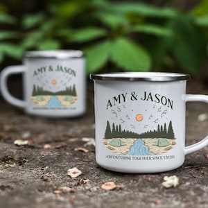 Custom Couples Enamel Camping Mug, Personalized Travel Mug Gift, Adventure Nature Campfire Mug