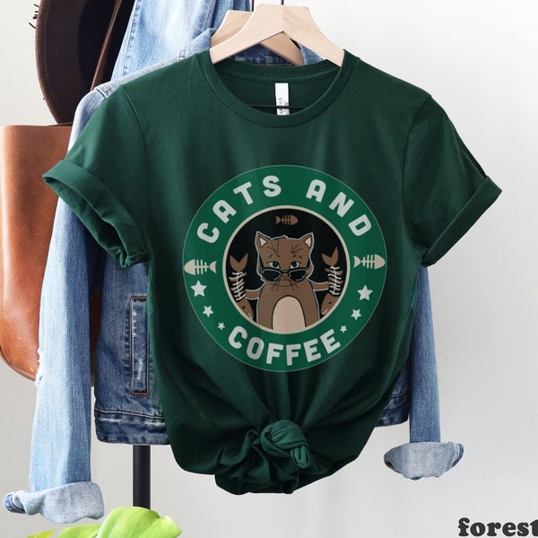 Cats And Coffee Graphic Tee, Funny Coffee Chain Parody Shirt