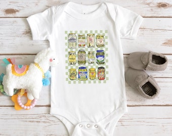 Camiseta infantil vintage com estampa de potes de picles, camiseta juvenil com estampa de picles e body para bebê.
