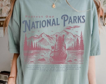 Protect Our National Parks T-shirt – Vintage Wilderness Bear & Child Graphic T-shirt, shirt natuurliefhebber, cadeau eco-vriendelijk wandelaar, outdoor-T-shirt