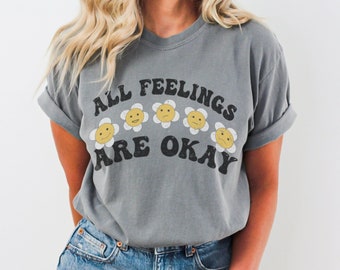 Alla känslor är okej T-shirt med grafisk design i komfortfärger, vintage-vibe, retro blommig inspirerande skjorta med mental hälsa