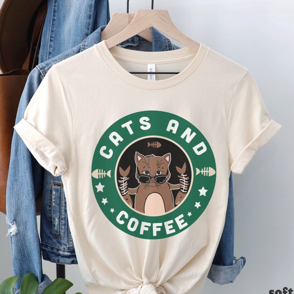 Cats And Coffee Graphic Tee, Funny Coffee Chain Parody Shirt